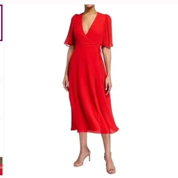 Alice + Olivia Suri True Wrap Midi Dress Red Size 2 Sheer Sleeves - Picture 3 of 14
